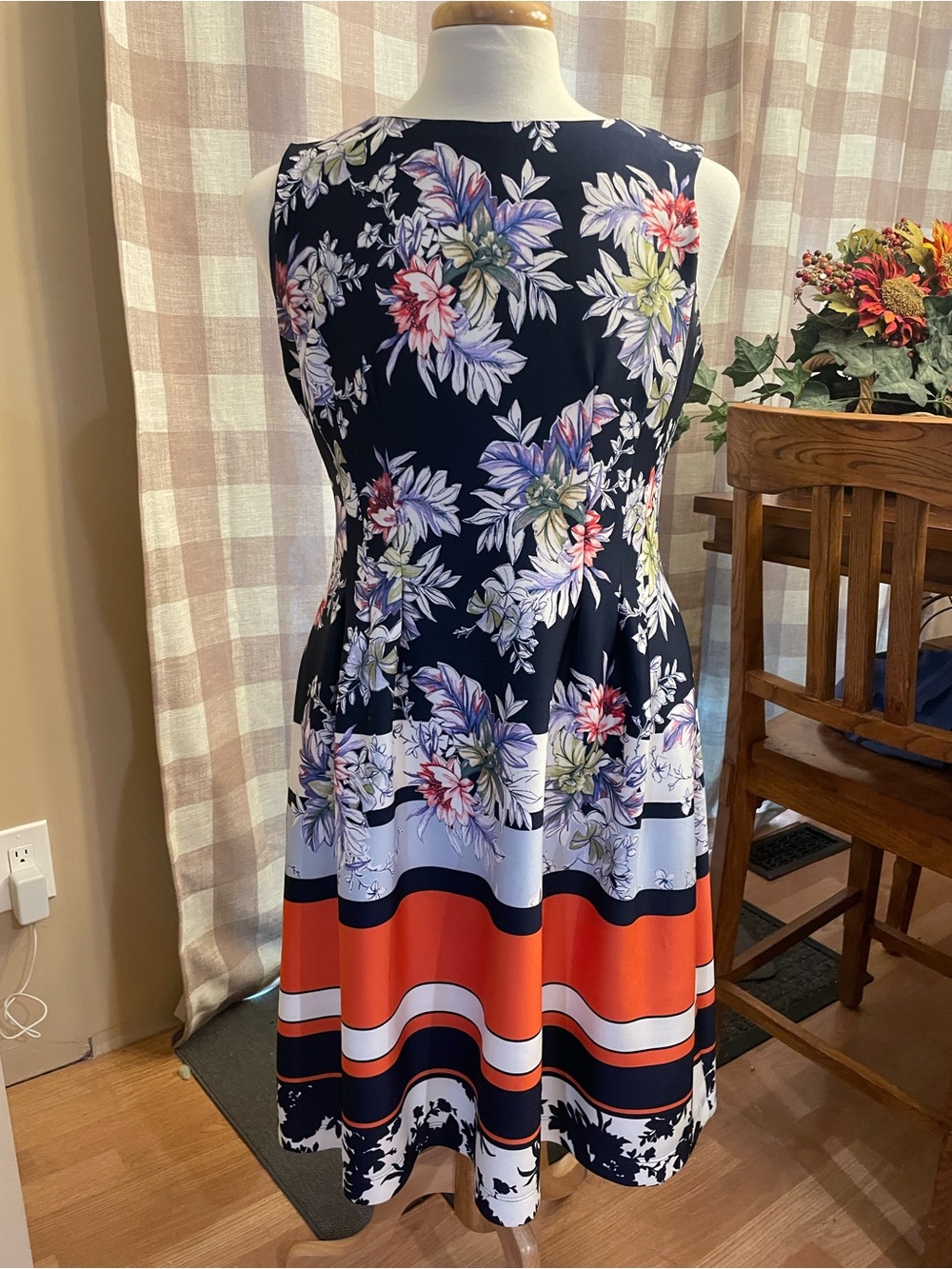 Roz & Ali Navy Floral Midi Dress with Orange Stripe Detail with pockets